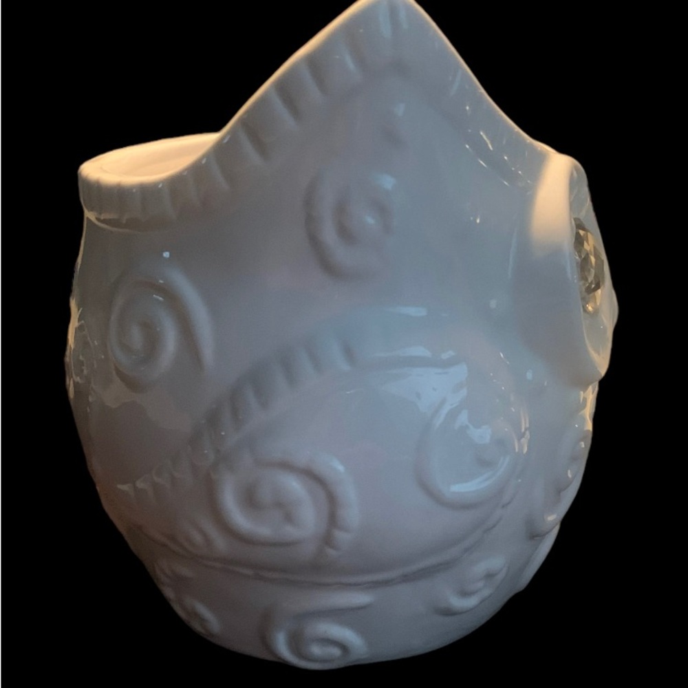 Owl Vase Planter Holder White W Big Rhinestone Eyes Pointed Ears 5.5” Tall 6” W - Picture 6 of 6